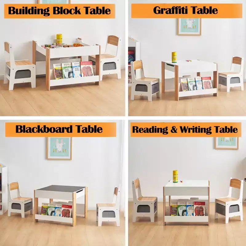 Activiteitentafelset 4-in-1 met afneembaar tafelblad, tafelset met laden en boekenkast, multifunctioneel peutermeubilair om te tekenen en lezen