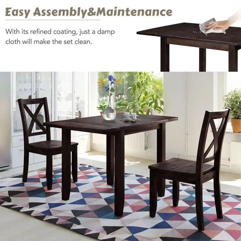Ensemble de table de petit-déjeuner en bois à abattants, 3 pièces, avec 2 chaises à dossier en X, pour petits espaces