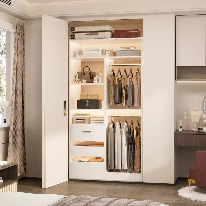 Organizer per armadio con cassetti in legno, sistema guardaroba indipendente con aste appendiabiti
