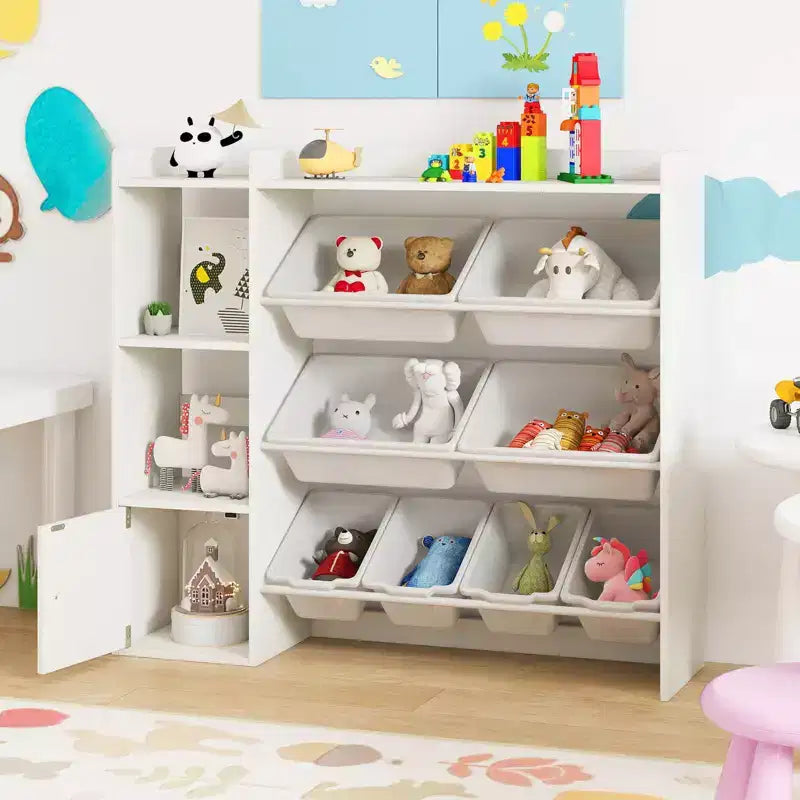 Costway Spielzeugaufbewahrung und Bücherregal für Kinder, Bücherregal aus Holz mit 4 kleinen und 4 großen Boxen, Grau/Weiß