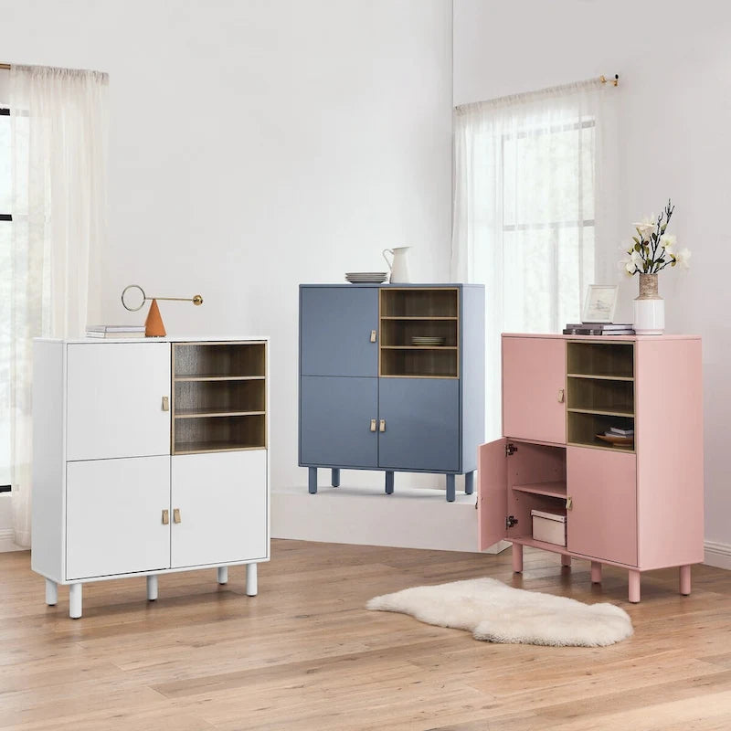 Multifunktionaler Aufbewahrungsschrank mit Tür, modernes Sideboard, Aufbewahrungsschrank aus Holz, Schubladenschrank mit Ledergriffen