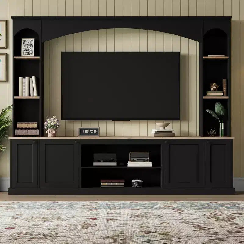Whisen 91 Medienkonsole, geschwungene Entertainment-Center-Wandeinheit, TV-Schrank im Landhausstil mit Bücherregal in Holzoptik für Fernseher bis zu 70