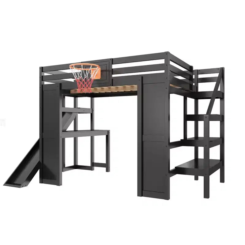 Luxystar großes Hochbett aus Holz mit Schreibtisch, Rutsche, Basketballkorb und Aufbewahrungstreppe für Kinder und Jugendliche