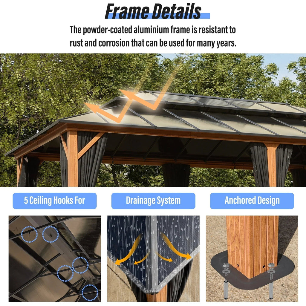 EROMMY hardtop-paviljoen, pergola voor buiten met dubbel dak, netten en gordijnen, extra stevig zonnescherm voor terras, achtertuin en zwembadfeest