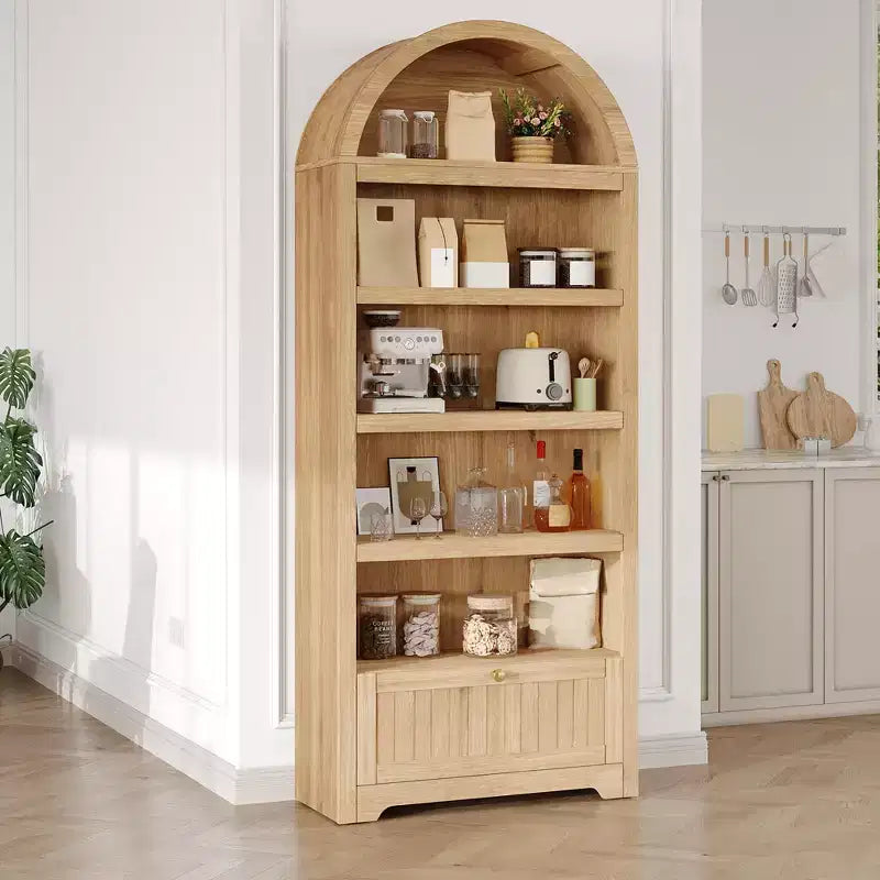 72 Zoll hohes, bogenförmiges Bücherregal mit Schublade, moderner 6-stufiger Holzschrank mit offenen Ablagen und unterer Schublade, geschwungene Schranktür