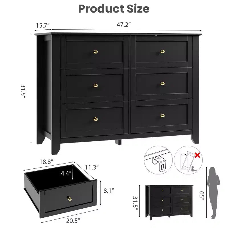 Kommode mit 6 Schubladen fürs Schlafzimmer, große Kommode mit tiefen Schubladen und Metallgriffen, moderne Holzkommode für Eingangsbereich und Flur