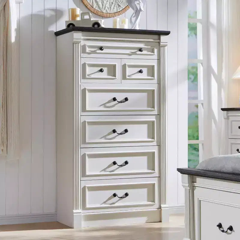 Cassettiera Mastgoal 57 in stile rustico con 7 cassetti, mobile contenitore in legno con colonna romana per camera da letto