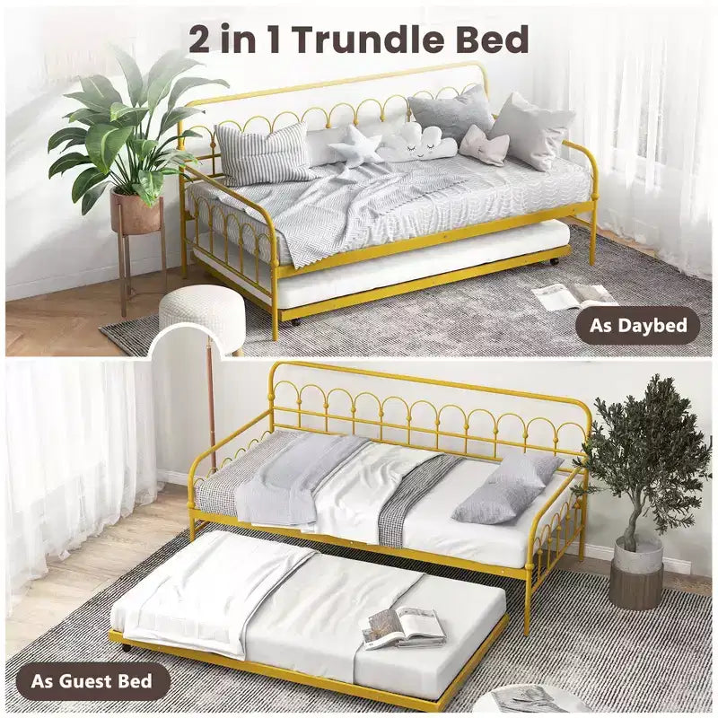 Daybed Costway in metallo singolo con letto estraibile, salvaspazio, trasformabile in divano, ruote con blocco, oro