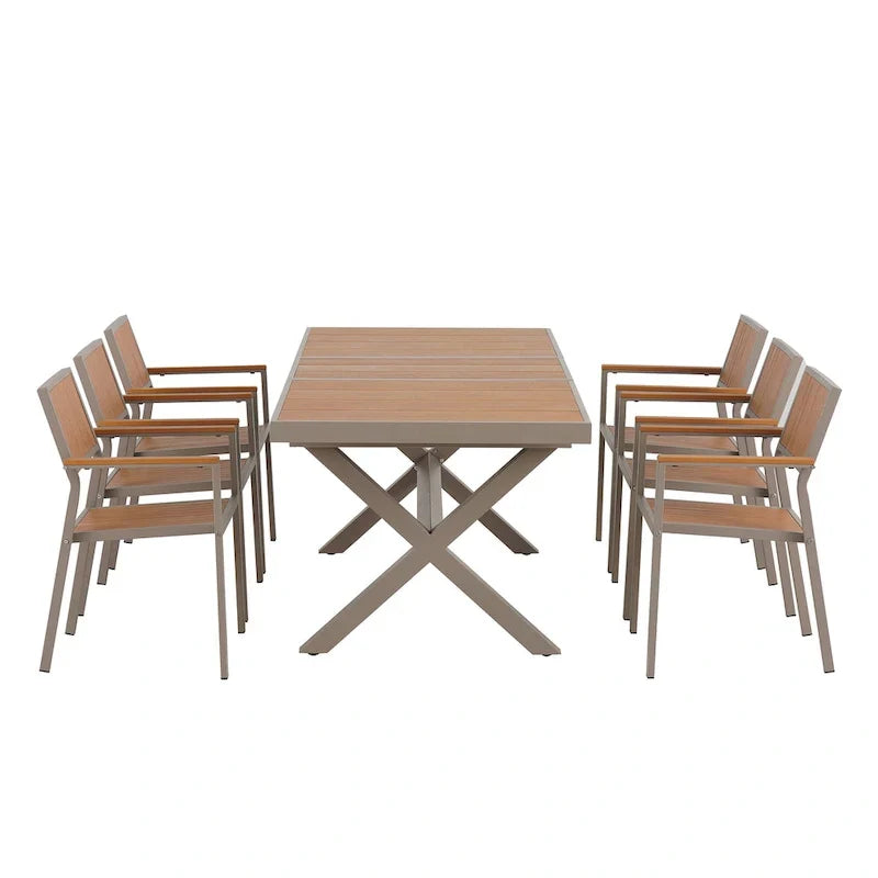 7-delige uitschuifbare eethoek voor buiten met uitschuifbare tafel en 6 stoelen met armleuningen