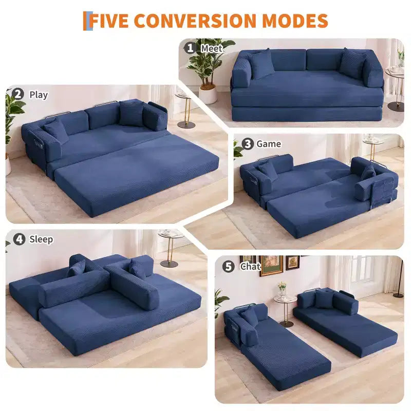 Modernes 79-Futon-Schlafsofa aus Cord für kleine Räume, 5-in-1-Couch mit abnehmbaren Armlehnen und Kissen