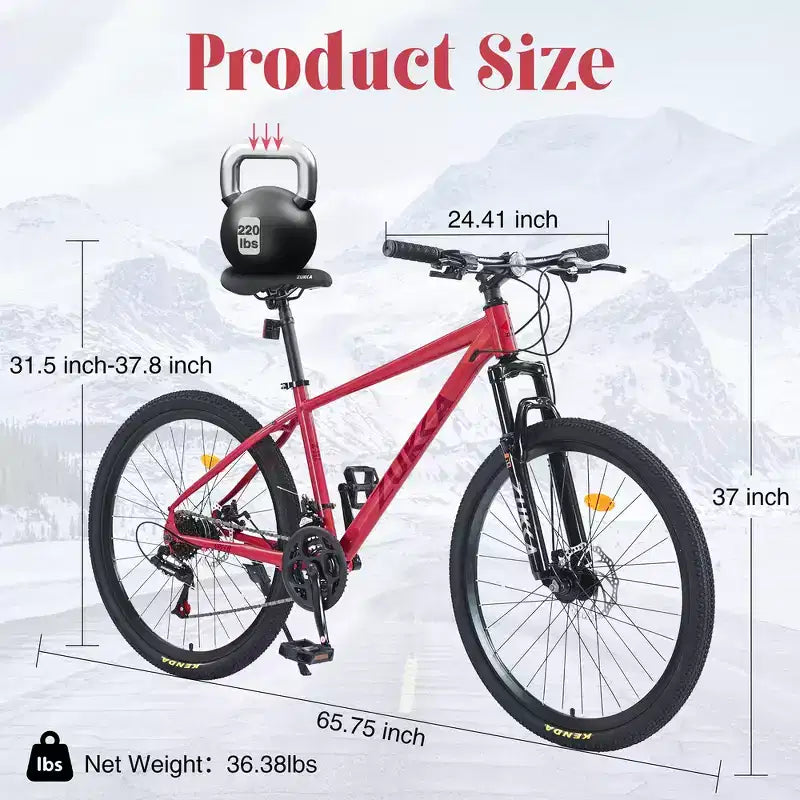 Whisen 26 geveerde mountainbike met derailleur achter met 8 versnellingen, voorvork, KENDA-banden en dubbele schijfremmen