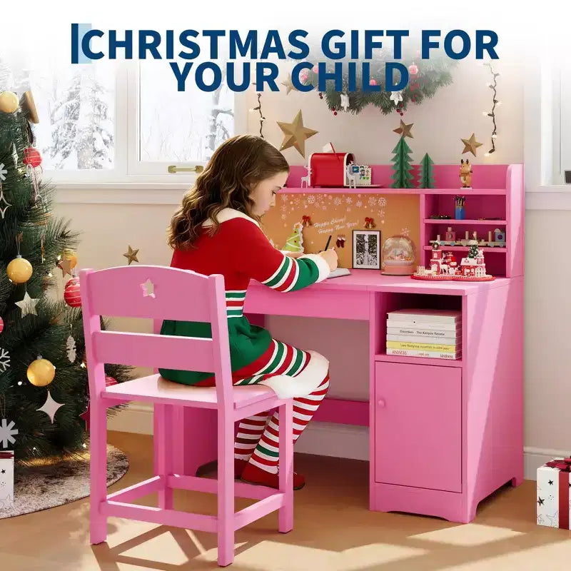 Ensemble bureau et chaise d’étude pour enfants avec rangement, bureau pour enfants avec étagère supérieure et plateau inclinable, table en bois avec meuble de rangement pour les 3-8 ans