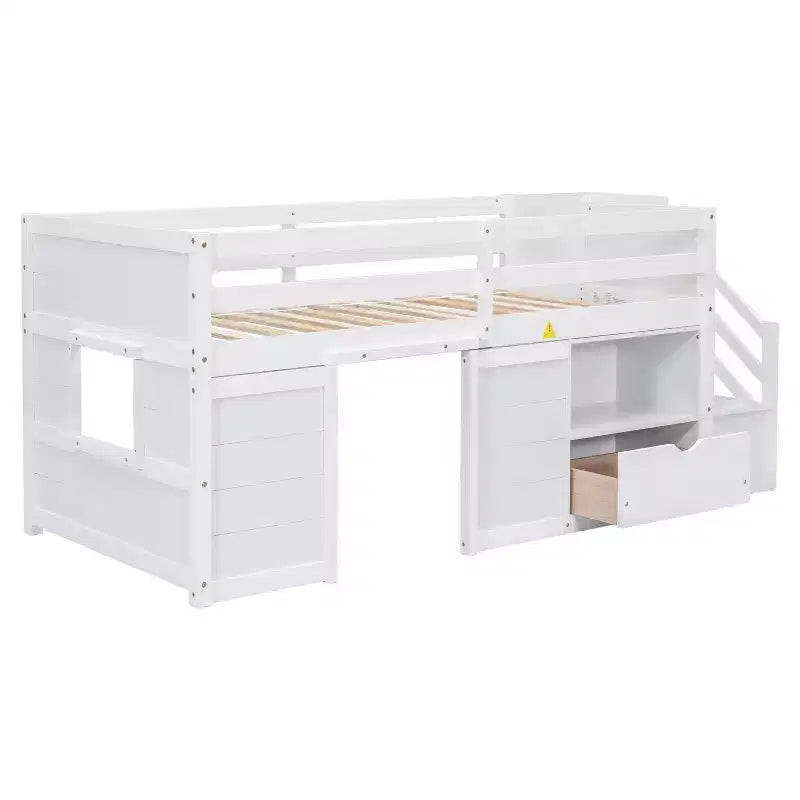 94.6L x 42.3W niedriges Hochbett aus Massivholz in Einzelgröße mit Treppe, Schublade und Regal, modernes und schlichtes Design