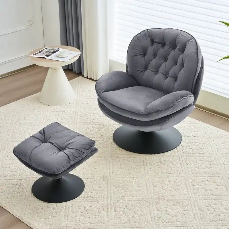 Fluwelen draaifauteuil met voetenbank, ronde leesfauteuil met voetenbankset, 360 draaibaar, metalen frame