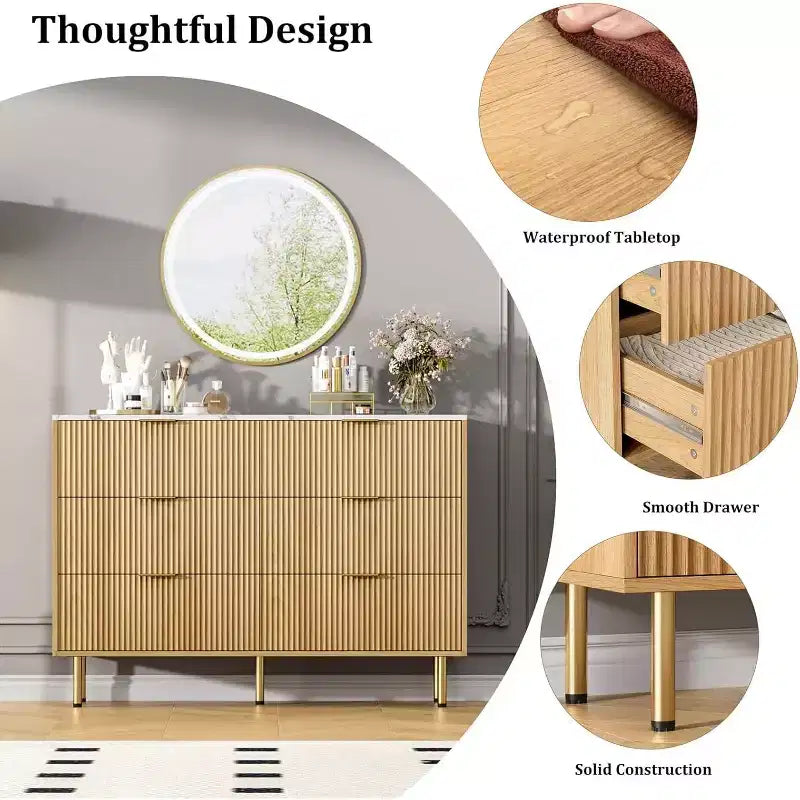 COZONY ladekast met 6 laden en geribbeld ontwerp, moderne houten opbergkast, brede ladekast voor slaapkamer, woonkamer en hal
