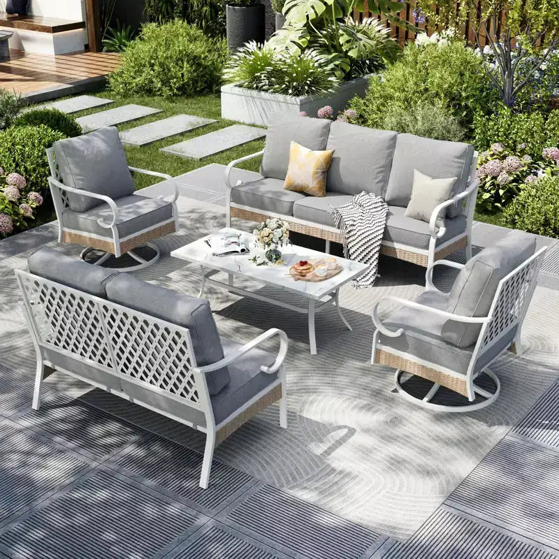 Captiva Designs 5-teiliges extra großes Outdoor-Lounge-Set aus Metall und Rattan mit Drehstühlen mit Gitterlehne und Zweisitzer