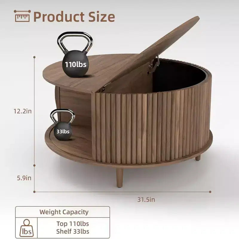 NAYSAYE ronde salontafel met opbergruimte, geribbelde middentafel van 31.5 voor de woonkamer, moderne ronde bijzettafel van walnotenhout voor kleine ruimtes