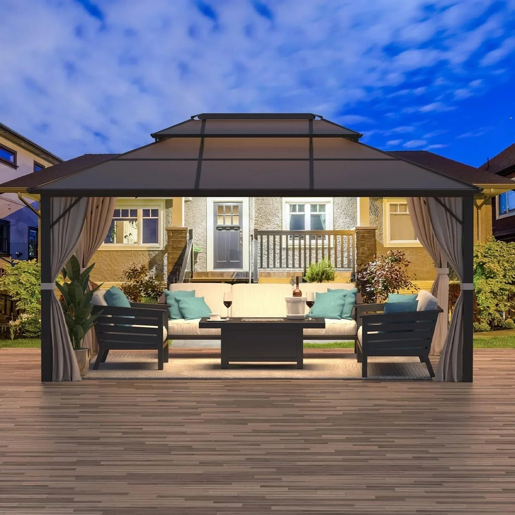 EROMMY hardtop-paviljoen, pergola voor buiten met dubbel dak, netten en gordijnen, extra stevig zonnescherm voor terras, achtertuin en zwembadfeest