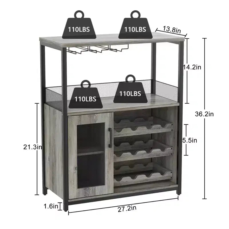 Grijze industriële wijnkast met 3 niveaus (12+ flessen) 36H x 24W x 15D, afneembaar rek, 9 glashouders en verstelbare planken voor thuis of de bar