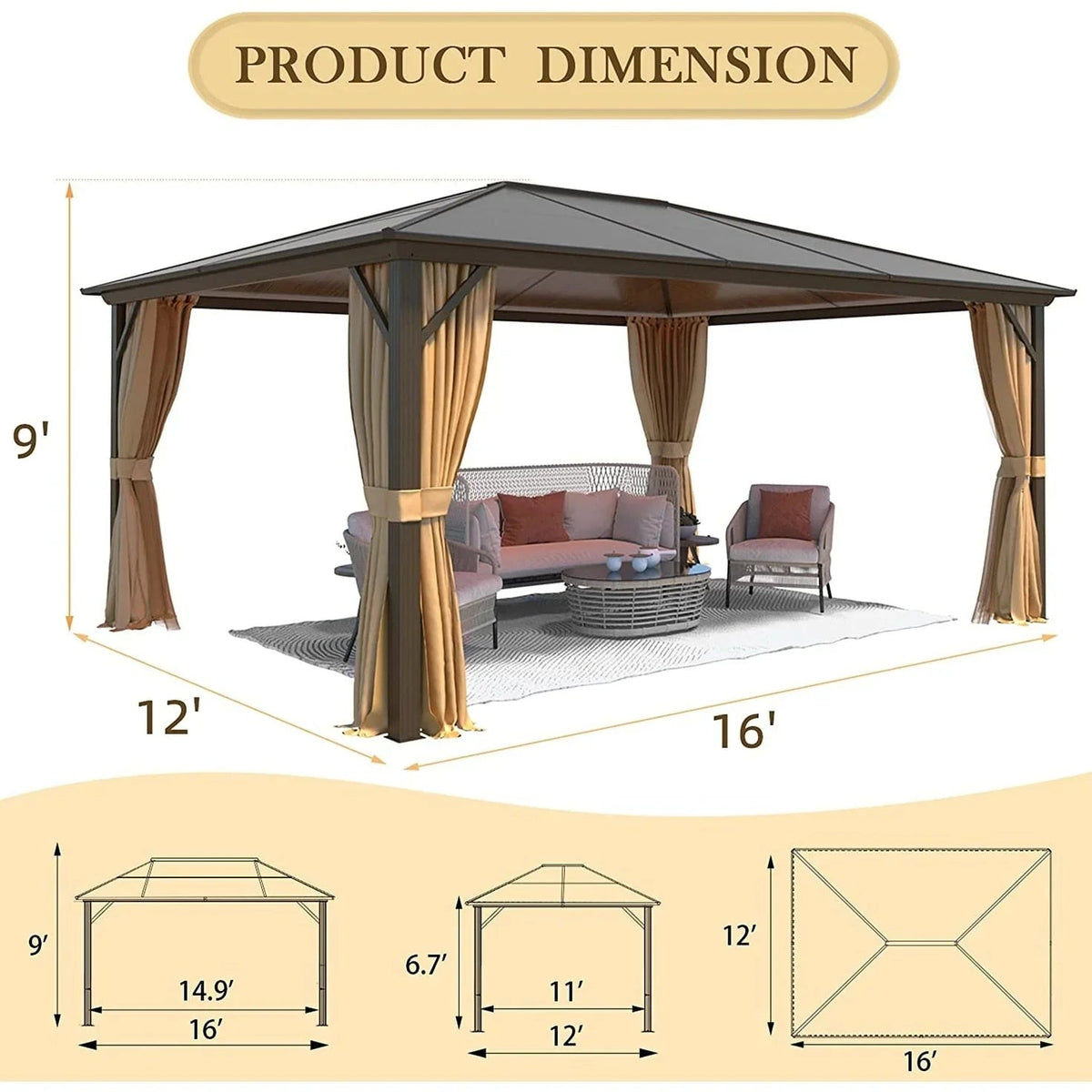 EROMMY hardtop-paviljoen, pergola voor buiten met dubbel dak, netten en gordijnen, extra stevig zonnescherm voor terras, achtertuin en zwembadfeest