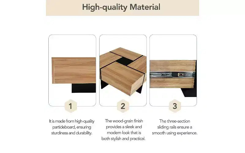 Table basse extensible avec plateau-puzzle et 4 compartiments de rangement cachés