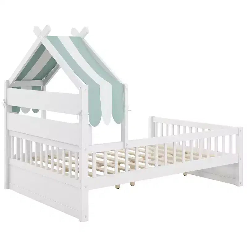 ModernLuxe houten huisbed in twin-/full-size met opbergvak in het hoofdbord, bedframe van massief grenenhout voor kinderen met veiligheidsleuningen