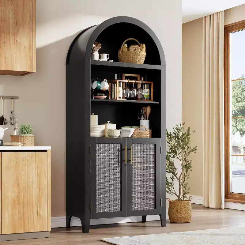 Acekool Vorratsschrank mit Rundbogen und Rattantüren, 5-stufiger Aufbewahrungsschrank im Landhausstil für Küche, Esszimmer und Wohnzimmer