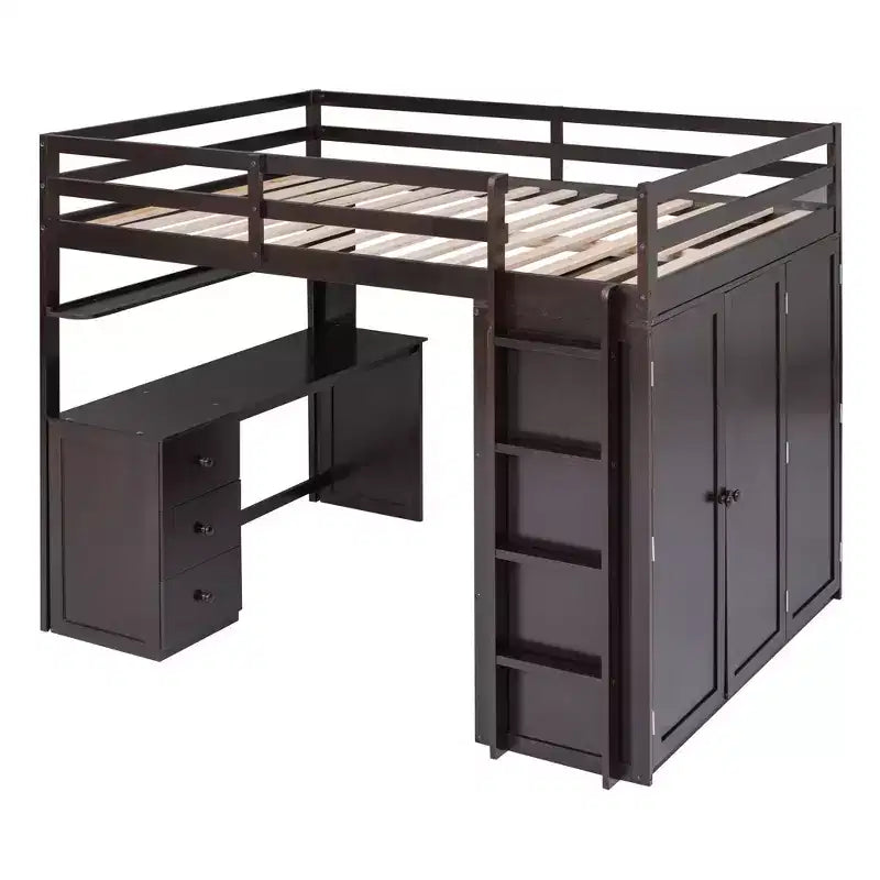 CLIHOME Hochbett in voller Größe mit 3 Aufbewahrungsschubladen, Schreibtisch und Kleiderschrank