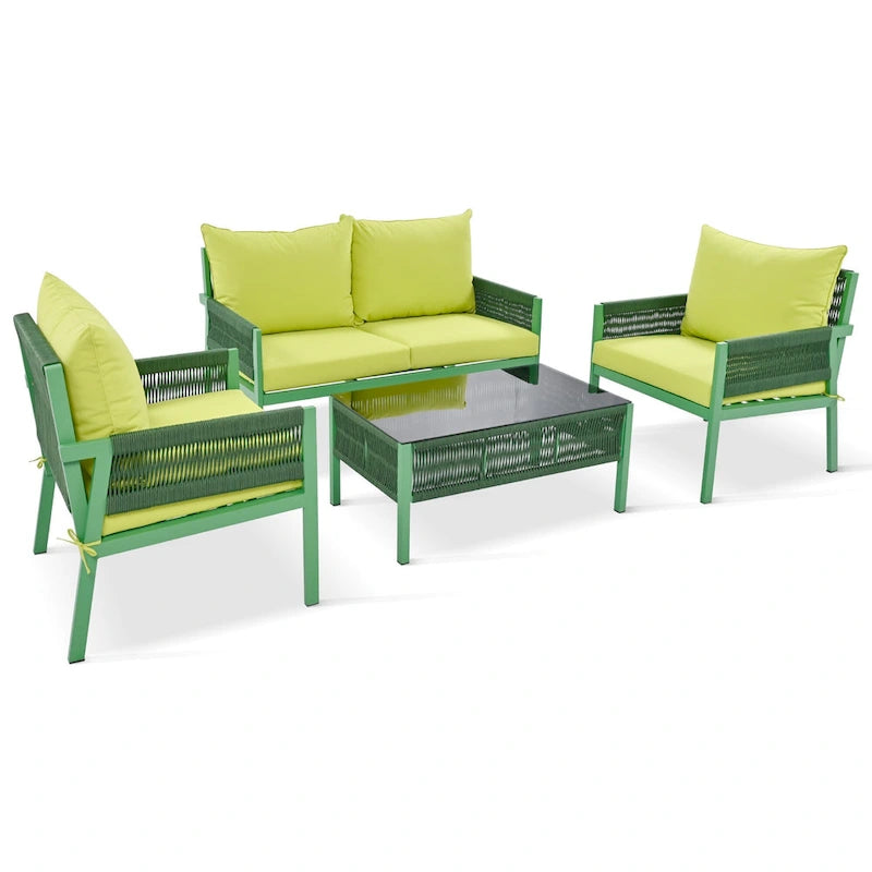 4-delige tuinmeubelset, loungeset voor buiten met tafel van gehard glas, diepe zit en dikke kussens