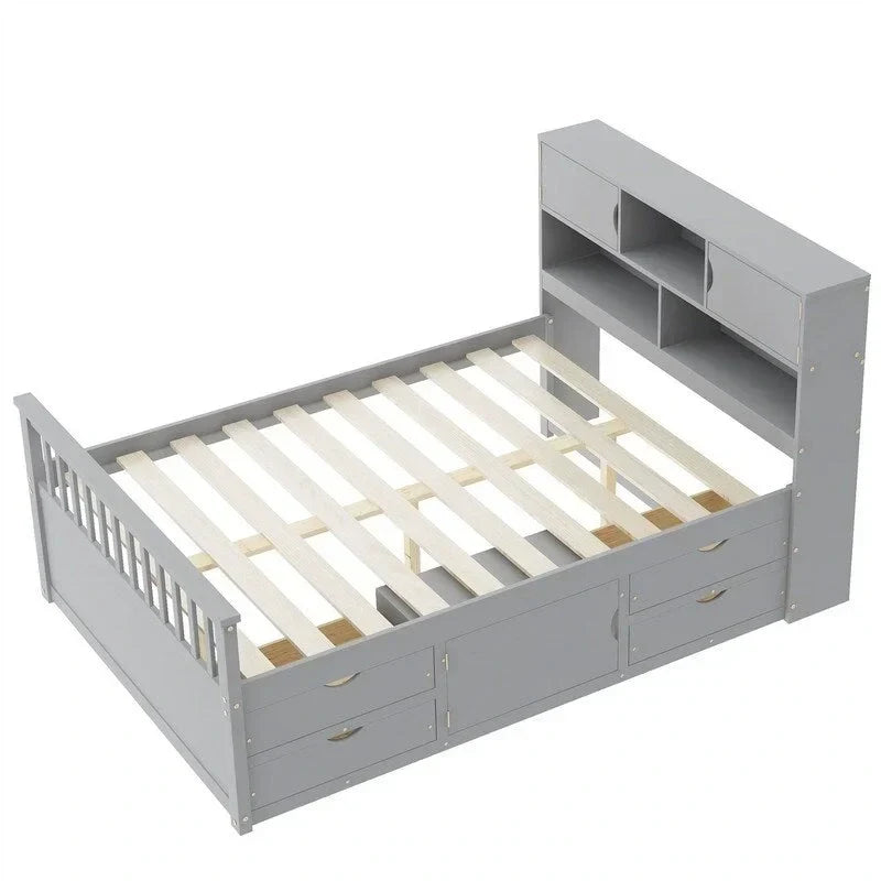 Letto a piattaforma Captain singolo/matrimoniale con 4 cassetti e ripiani contenitori, struttura in legno massello con testiera libreria contenitore