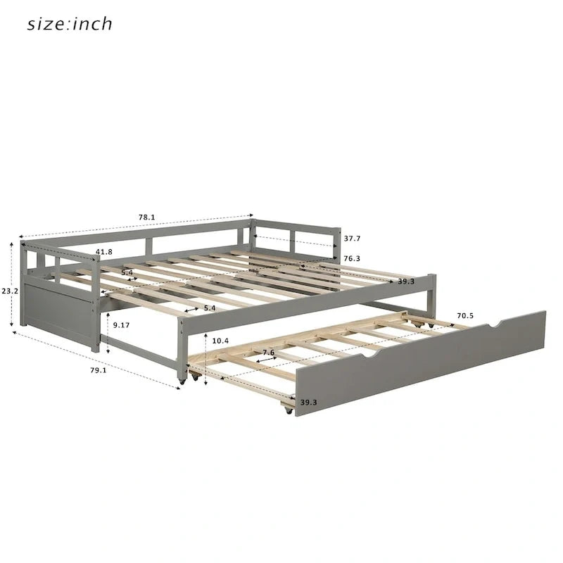 Ausziehbares Tagesbett mit Ausziehbett, Holztagesbett mit Ausziehbett