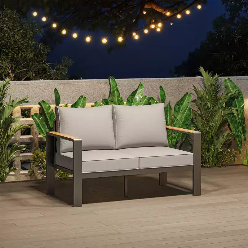 Ensemble de mobilier de patio en aluminium, canapé d’angle d’extérieur avec 5 coussins épais, 4 accoudoirs et table basse pour le jardin, la terrasse ou la cour