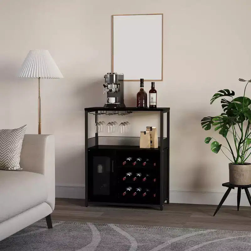 Grijze industriële wijnkast met 3 niveaus (12+ flessen) 36H x 24W x 15D, afneembaar rek, 9 glashouders en verstelbare planken voor thuis of de bar