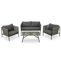 Ensemble de patio extérieur en corde, 4 pièces pour 4 personnes, avec coussins et table en verre