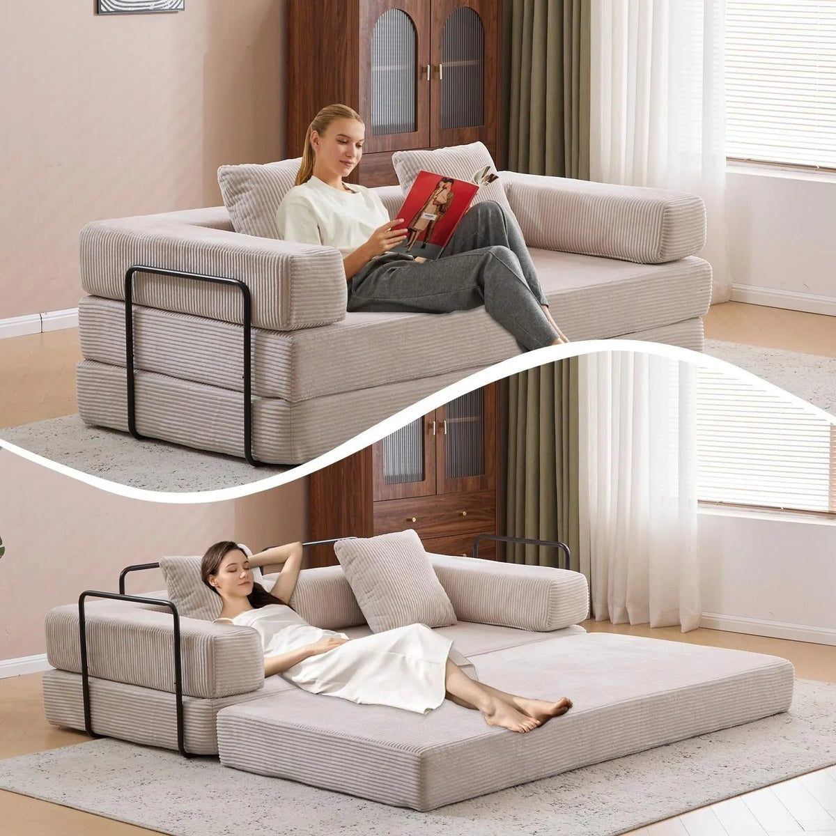 Canapé-lit convertible de sol avec dossier à coussins en tissu chenille, pour salon et chambre
