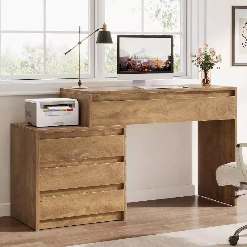 Bureau informatique Lantine avec 5 tiroirs, bureau de direction en bois avec classeur et support d’imprimante pour bureau à domicile et petits espaces