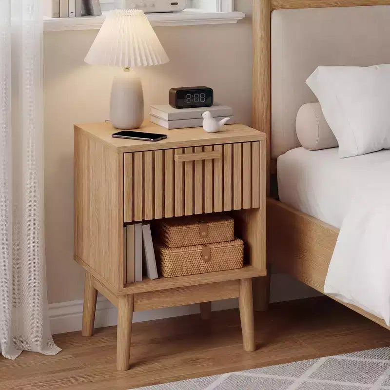 Set di 2 comodini boho con cassetto a righe e ripiano aperto, tavolini compatti in legno da comodino, ideali per piccoli spazi, camera da letto e soggiorno
