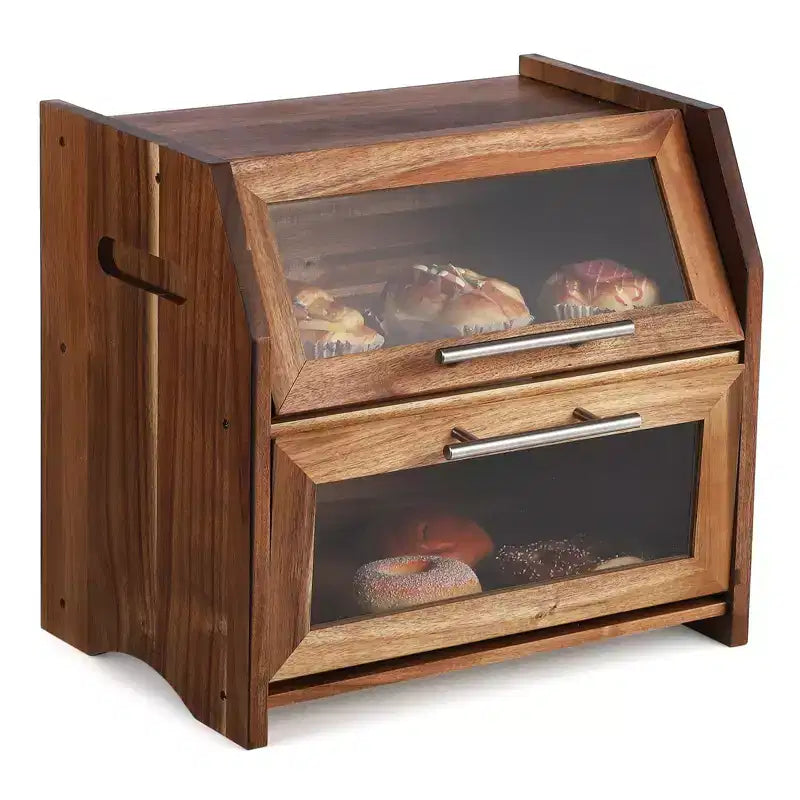 Brotkasten, doppellagiger Brotkasten aus Akazienholz mit transparenter Acryltür, Lüftungsöffnungen, Brotdose für die Arbeitsplatte, rustikal brauner Brotkasten