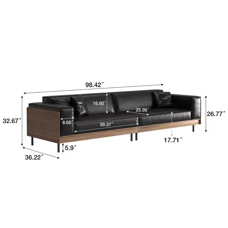 Divano contemporaneo in pelle da 98.42 con struttura in legno massello, gambe in metallo e 3 cuscini decorativi