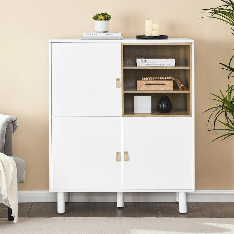 Multifunktionaler Aufbewahrungsschrank mit Tür, modernes Sideboard, Aufbewahrungsschrank aus Holz, Schubladenschrank mit Ledergriffen