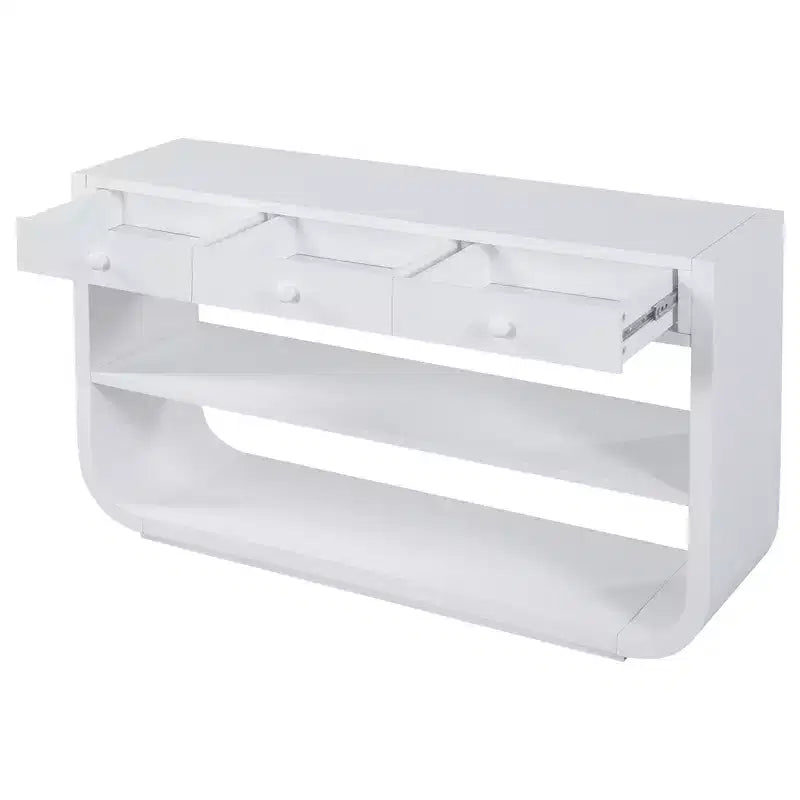 ModernLuxe gebogen sidetable, haltafel, bijzettafel naast de bank, displaystandaard en accenttafel met 3 softclose-lades en 2 open vakken