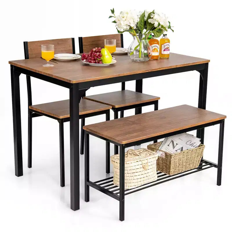 Costway eettafelset met 4 delen, rustieke tafel, 2 stoelen en bank met opbergrek