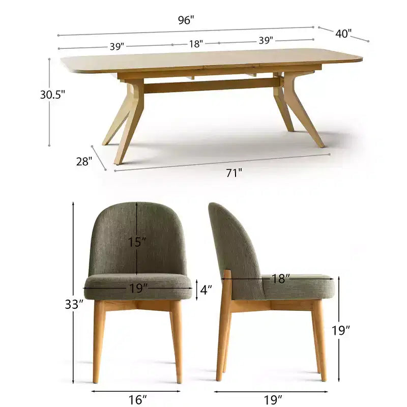 Eetkamerset met 7 delen, uitschuifbare tafel van 78-96 met schraagonderstel en gestoffeerde stoelen met poten van massief hout-Panipeachy