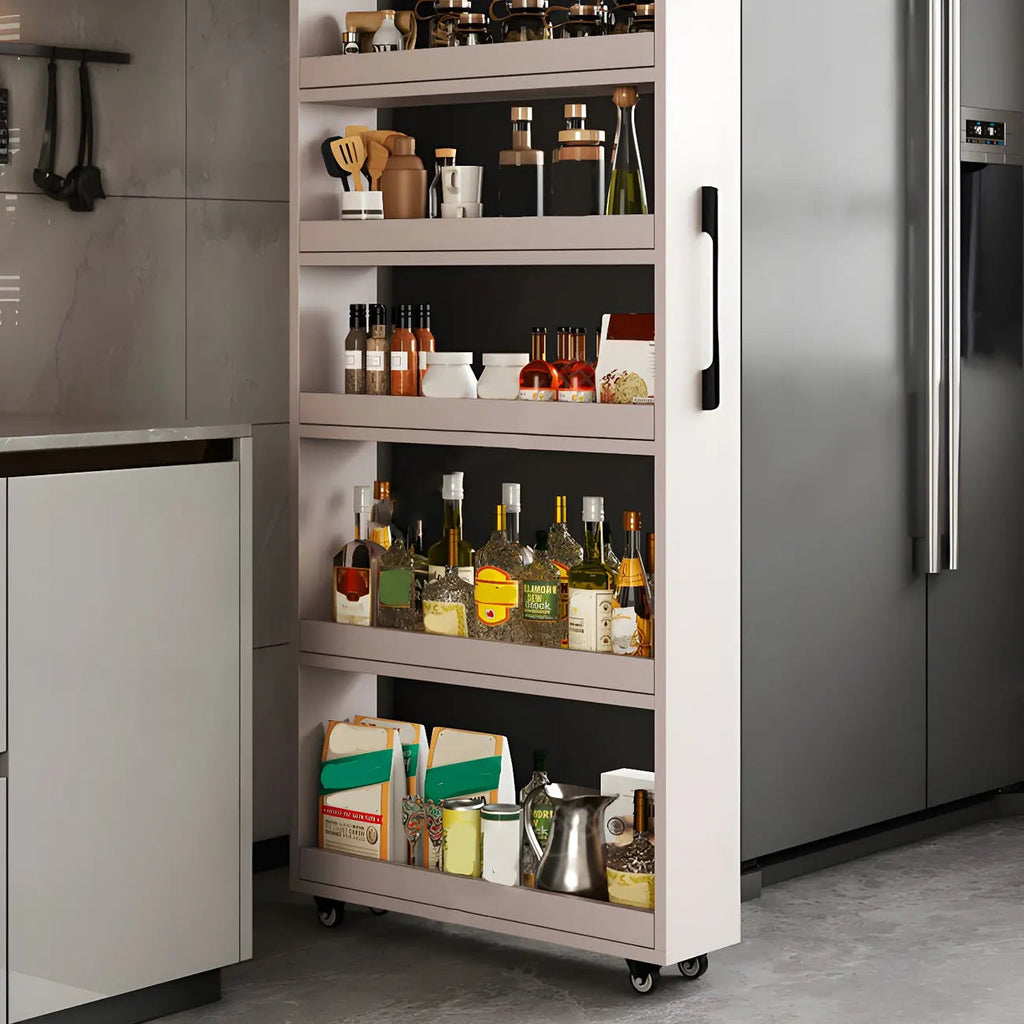 Moderner Buffet-Tisch aus Holz mit offenen Regalen und Rollen