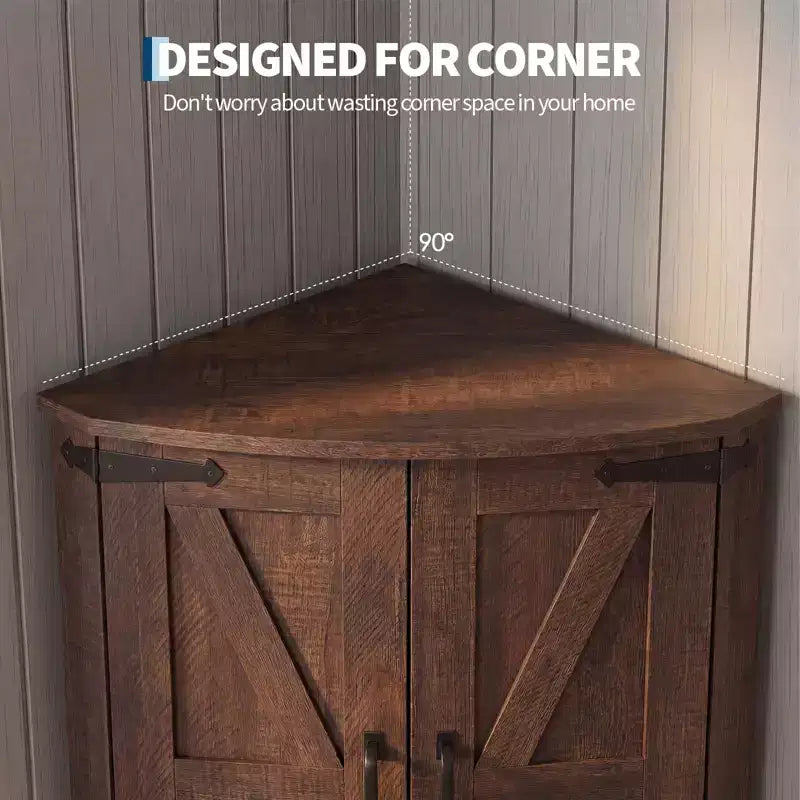 Armoire d’angle haute de 64.8 avec portes, armoire de rangement d’angle marron de style campagnard, garde-manger d’angle autoportant avec étagères réglables