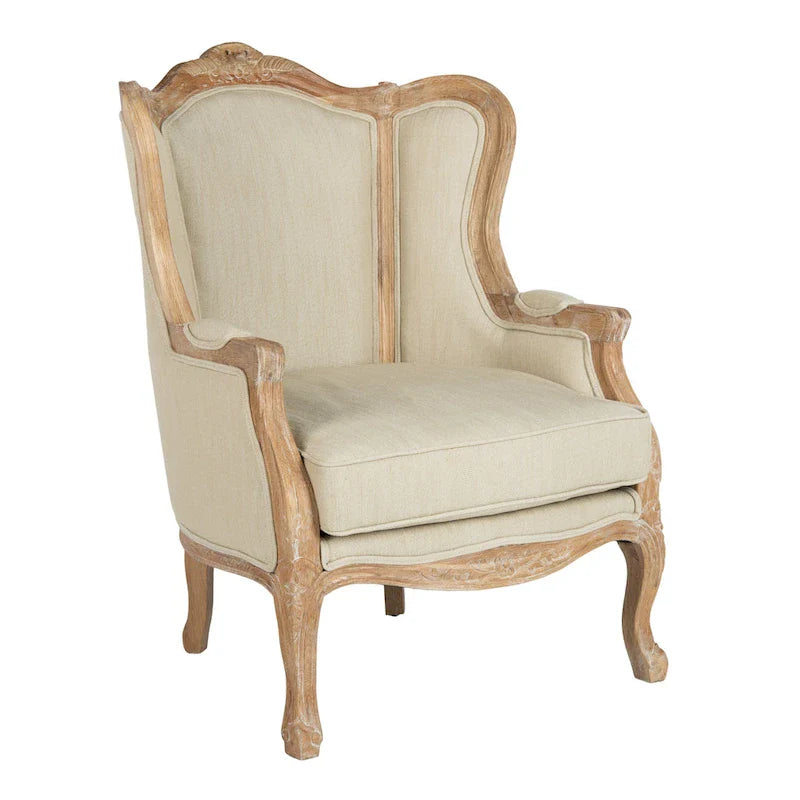 SAFAVIEH Couture Kali-vleugelstoel van eikenhout en natuurlijk linnen - 34Wx34Dx40H