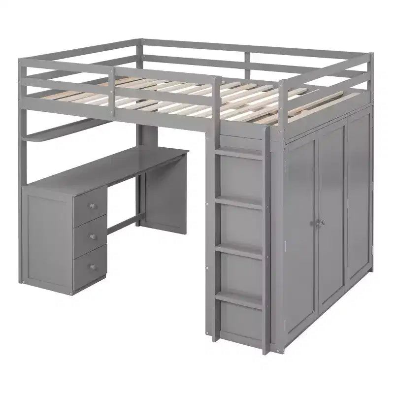 CLIHOME Hochbett in voller Größe mit 3 Aufbewahrungsschubladen, Schreibtisch und Kleiderschrank