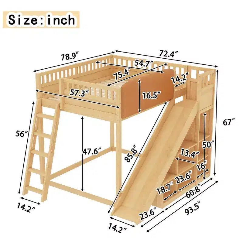 Lit mezzanine Bellemave avec tête de lit rembourrée et étagères de rangement, cadre en bois massif avec échelle et toboggan pour enfants