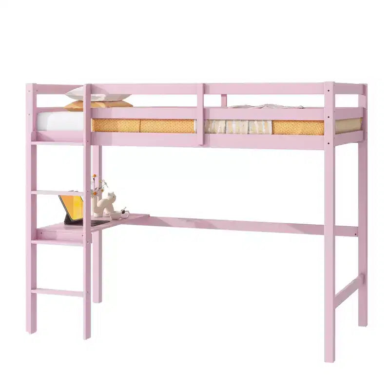 Lit mezzanine minimaliste Okak avec échelle, lit mezzanine pour lit simple en bois d’hévéa avec garde-corps de sécurité et bureau intégré, cadre de lit pour enfants et adolescents