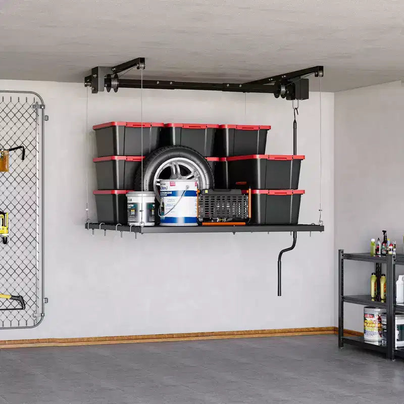 Portaoggetti da soffitto regolabile per garage, robusto, con blocco di sicurezza, portata di 250 lb per contenitori, attrezzi, biciclette e altri oggetti da garage